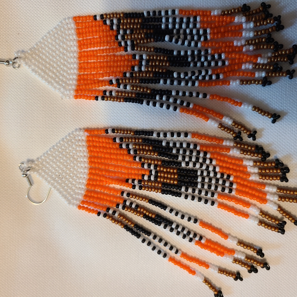New,handmade,beaded Fringe Earrings in Orange, Black, and White